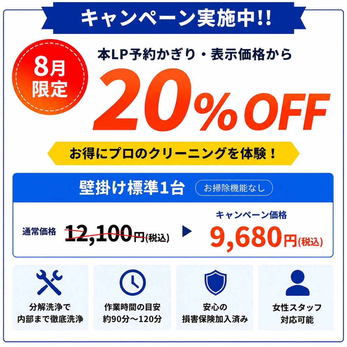 キャンペーン実施中!! 8月限定・本LP予約かぎり、表示価格から20%OFF。壁掛け標準1台（お掃除機能なし）通常価格12,100円（税込）→キャンペーン価格9,680円（税込）。分解洗浄で内部まで徹底洗浄／作業時間の目安 約90分〜120分／安心の損害保険加入済み／女性スタッフ対応可能